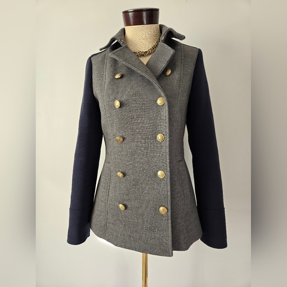 TOMMY HILFIGER Grey and Navy Double-Breasted Peacoat Witj Gold Buttons. Size XS